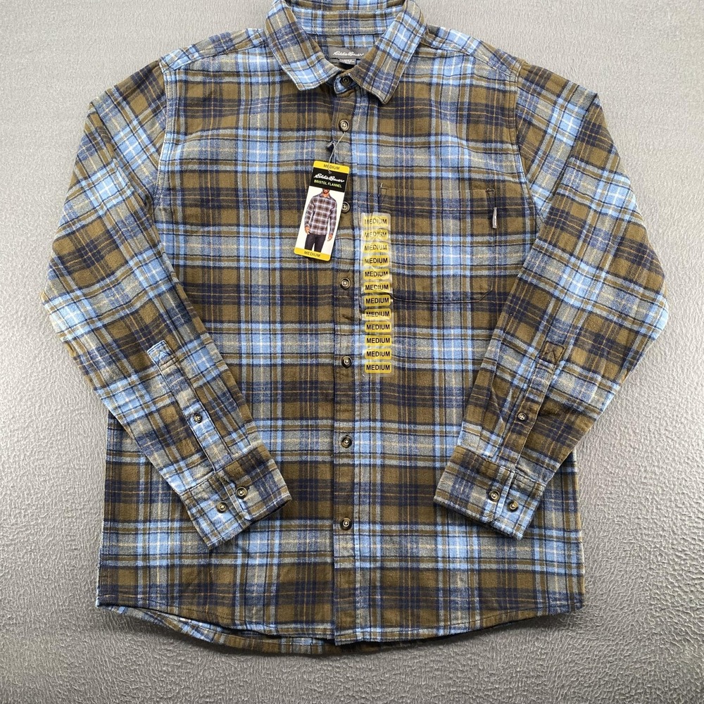 Eddie Bauer Shirt Mens Medium Blue Plaid Bristol Flannel Long Sleeve Button